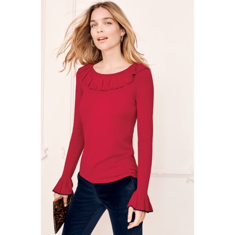 Boden Lavinia Ruffle Trim‎ Sweater Red Long Sleeve